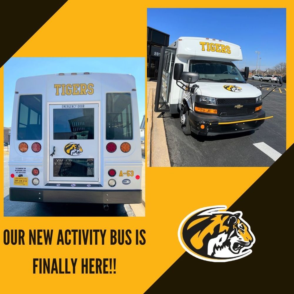 Image of flyer with a white bus, front and back views and the tiger logo with Our new activity bus is here across the bottom