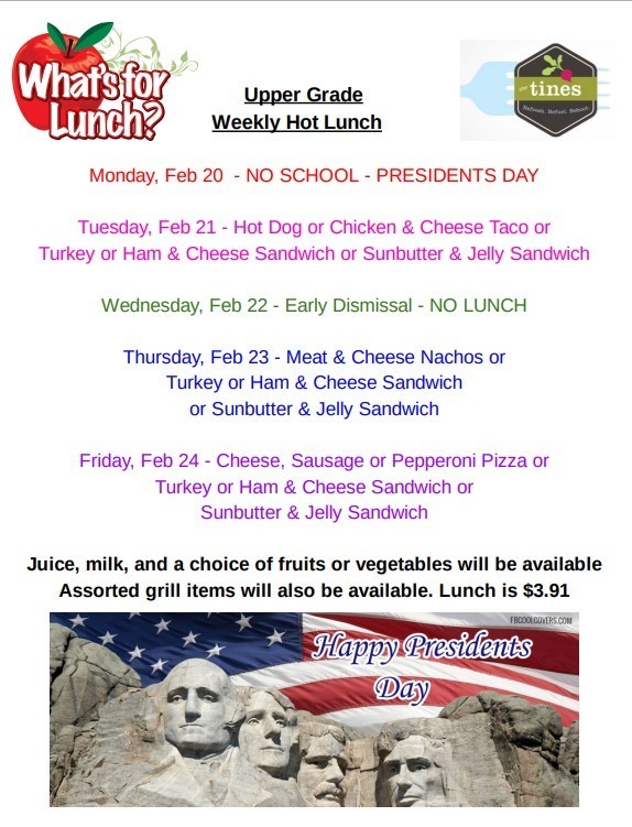 BUGC Lunch Menu for 2/20-2/24